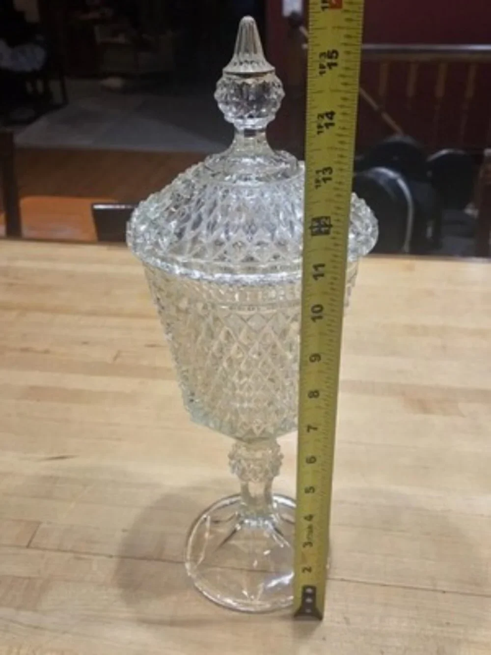 Vintage Indiana Glass Diamond Point Clear Apothecary Jar Tall Candy Dish 15.5